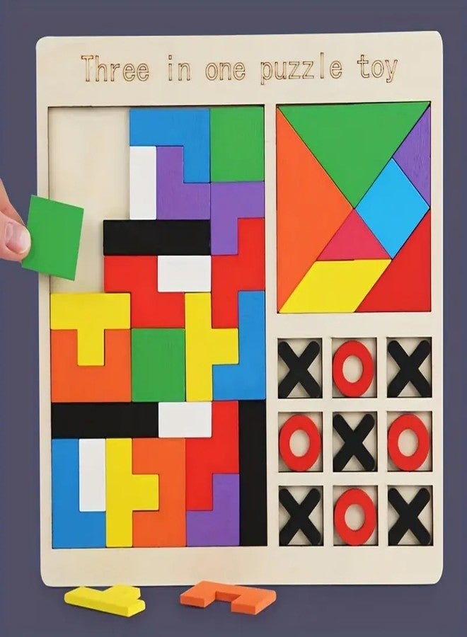 AZE Enterprises 3-in-1 Wooden Puzzle Toy, Tetris Tangram Tic Tac Toe Board Montessori Educational Brain Development Toys for All Ages Logic & IQ Game Xmas Gift for Boys Girls Christmas Learning Toy - Image 5